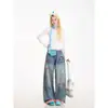 ChaoLi tiene en stock jeans bordados divertidos de estilo retro americano para mujer, pantalones rectos de cuadros vintage con puño, pantalones largos lavados de estilo callejero
