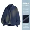 Chamarra Bomber Azul Marino con Cuello Alto para Hombre, Atuendo de Otoño, Chaqueta Corta Estilo Americano, Chaqueta de Béisbol de Nicho High Street para Pareja