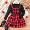 Conjunto de saia para meninas outono e inverno Novo Pit top de manga comprida + Saia de bolo com suspensório xadrez conjunto moderno de duas peças