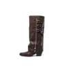 Botas de montar de cuero Ruth's style con hebilla, punta fina, para mujer, que aumentan la altura, adelgazantes, de pierna ancha, con tacón grueso, botas largas con cremallera lateral