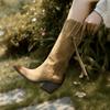 Botas de Cavaleiro Europeias e Americanas Retrô de Bico Fino e Salto Alto Grosso 2025 Outono e Inverno Novo Estilo Couro Virado Pickup Cáqui Botas Western Cano Alto Femininas