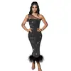 C6666 Transfronterizo Aliexpress Amazon Moda Europea y Americana Vestido de Vendaje de Malla con Pedrería y Plumas de un Solo Hombro para Mujer