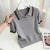 Camisa polo cor de bloco listrada de malha mais vendida para mulheres, nova moda primavera-verão 2026, top justo de manga curta