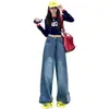 Calça Jeans Reta Larga de Cintura Alta Estilo Americano Retrô Solta de Cintura Alta Versátil para Mulheres