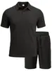 Camiseta polo jacquard de color liso para comercio exterior transfronterizo, top de manga corta con cordón, shorts rectos holgados, conjunto casual para Amazon