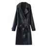 Ropa Europea y Americana Otoño e Invierno Europeo y Americano Clásico Francés Solapa Cruzada Cinturón Look Adelgazante Chaqueta Cortavientos de Cuero de Largo Medio