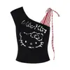 Camiseta Regata com Costura Xadrez Branco Gatinho Ombro Caído Feminina Verão Design de Nicho Sem Ombros Doce e Picante Top Curto
