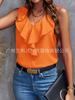 Moda de Verano Transfronteriza Europea y Americana 2026 Camiseta Versátil Nueva de Color Sólido con Encaje y Cuello en V sin Mangas para Mujer