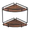 Prateleira Dupla de Madeira Maciça Retrô com Estrutura de Ferro Forjado Cor de Noz para Mesa de Escritório em Casa Prateleira Triangular Multifuncional