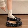 Sapatilha Quadrada de Bolinhas com Laço Estilo Fada Suave para Mulheres, Sapatos Mary Jane com Tira Rasa e Sola Rasteira