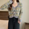 Cárdigan corto de punto con estampado floral vintage para mujer, primavera y otoño de 2024, nuevo diseño de suéter con cuello cuadrado, top de nicho