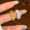 Anillo de Plata de Ley S925 con Moneda de Cobre Hielo Triturado para Mujer, Diseño Abierto Ajustable, Joyería Nueva Versátil de Lujo de Gama Alta de Nicho