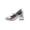 Sapatos Mary Jane com Salto Bloco e Bico Redondo Lantejoulas para Mulheres, Aumento de Altura 9CM, Novo Estilo Francês 2026 Sapatos de Salto Baixo com Tira de Metal para Mulheres
