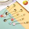 Jingzhi Acero Inoxidable 304 Chapado en Oro Vajilla Cuchara de Café Tenedor Cuchara Tenedor para Pastel Cuchara Tenedor para Donas Niños Cuchara Tenedor para Postre