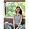 Moda estilo coreano Camisola de punto con cuello polo para mujer, capa interior de alta gama, camiseta sin mangas, suéter exterior