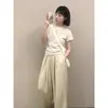 Camiseta Lisa Simples Feminina Ombro Algodão Puro Manga Curta Top com Verão Drapado Cintura Alta Emagrecimento Calças Yamamoto