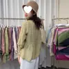 Top tipo camisa de color sólido, cuello alto, manga de tres cuartos, algodón y lino teñido en hilo, suave y juvenil, para mujer, cárdigan babydoll artístico de corte holgado para verano