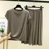 Conjunto de Pantalón Recto de Manga Corta con Cuello Redondo de Modal para Mujer Verano Nuevo Estilo Coreano Holgado Adelgazante para Casa Conjunto de Dos Piezas