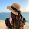 Chapéu da Moda Estilo Primavera Verão Chapéu de Palha da Moda Feminino Chapéu de Praia para Férias na Praia Chapéu com Topo Plano Fita de Cânhamo Laço Chapéu Fresco Tendência