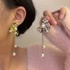 Pendientes de perlas y flores de metal de moda 2024, pendientes distintivos franceses retro de moda