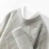 Camiseta base de punto jacquard de lana 100% pura de siete agujas engrosada, corte holgado, talla grande, cuello redondo, suéter pullover cálido para hombre