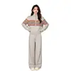 Cardigan de Tricô Color Block Listrado com Zíper Duplo Estilo Preguiçoso Solto Conjunto de Duas Peças Calças Wide Leg