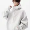 Sudadera de polar gris con cremallera a media altura y estampado floral blanco estilo americano para hombre, marca de moda con diseño deconstruido, chaqueta con capucha de peso pesado y estructurada
