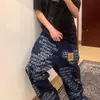 Calça de Cintura Alta Wide Leg com Estampa de Letras Azuis Marca Americana Streetwear Scimitar Jeans Reto Lavado Vintage Hip-Hop