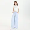 Calça Jeans Casual Xadrez Azul de Pernas Largas Estilo Preguiçoso para Mulheres, Verão Fina Versátil Moda Cintura Alta Reta Solta