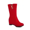 Botas de cuero para mujer con punta redonda de gamuza estilo europeo y americano, cremallera lateral, botines Chelsea, botas cortas de jinete, zapatos de mujer con tacón de cuña alto