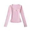Ry2604-26 Estilo Primavera Americano Slim Fit Gola U Grande Cor Doce Cintura Formada Manga Longa Camiseta Camisa Básica