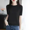 Suéter Feminino de Lã Tricotado Sem Costura Peça Única Gola Redonda Manga Curta, Novo Estilo Primavera, Camisa Básica Lisa Vazada para Mulheres