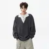 Sudadera con Capucha de Dos Piezas Falsas con Patrón de Espiga de Trigo para Hombre Otoño Cleanfit Patchwork Cuello Solapa Alta Inteligencia Pareja Manga Larga