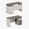 Pequena mesa executiva com um toque de luxo e sofisticação, apresentando um gabinete lateral, adequada para gerentes e projetada para um ambiente de escritório minimalista e moderno.