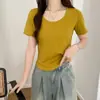 Camiseta de manga corta con cuello en U y hombros descubiertos para mujer, prenda exterior de verano nueva, algodón puro elástico, corte ajustado, versátil, básica, top T-shirt caliente