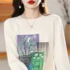 Suéter de punto 100% algodón puro para mujer, top de otoño de manga larga con cuello redondo, suéter nuevo estampado, camiseta interior