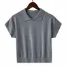 Camiseta Simples com Gola Polo e Gola Reversível, Blusa de Tricô de Manga Curta em Linho de Liocel, Cor Café Feminina de Verão, Tamanho Único