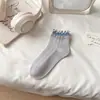 Calcetines Finos de Malla Lindos para Primavera-Verano con Bordes Fruncidos, Calcetines Cortos Transpirables de Moda con Bloques de Color y Puños de Doble Canalé para Estudiantes y Deportes