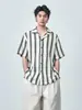 Camisa retro de estilo japonés a rayas con jacquard calado y cuello cubano de manga corta para hombre, holgada y transpirable, camisa casual de verano