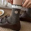 Calcetines Bordados de Osito para Mujer Calcetines de Lunares Pequeños Florales para Mujer de Media Pantorrilla Color Café Estilo Ballet Calcetines Femeninos Algodón