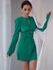 Vestido Verde Plisado para Mujer para el Viaje de Primavera 2026, Diseño de Comercio Exterior, Cintura Alta, Adelgazante, Cuello Redondo, Manga Larga, Vestido de Corte A