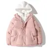 Jaqueta de Algodão com Capuz Patchwork Off-white e Marrom, Falsa Peça Dupla, para Homens e Mulheres, Capuz com Cordão Color Block, Jaqueta Curta de Inverno Grossa Quente Solta