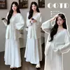 Vestido de maternidad para otoño e invierno, nuevo conjunto de dos piezas de punto con cuello en V y lazada, vestido holgado y favorecedor