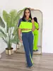 3074 Ropa Transfronteriza Europea y Americana para Mujer Amazon Splicing de Mezclilla Color Cuello Alto Cremallera Top Pantalones de Pierna Ancha Conjunto de Dos Piezas para Mujer