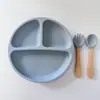 Prato de Jantar Redondo de Silicone para Crianças com Três Compartimentos e Ventosa Anti-Queda Conjunto para Bebê Louça Personalizada com Logotipo Gravado