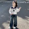Conjunto de Moletom Outono para Meninas 2026 Novo Moda Gola Azul Marinho Moletom e Jeans Conjunto de Duas Peças para Crianças Maiores