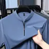 2025 Nueva Camisa Polo con Cuello de Pie y Cremallera Camiseta de Manga Corta para Hombre, Verano Casual Transpirable Elástica Resistente a las Arrugas Seda de Hielo Manga Media