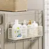 Prateleira de armazenamento para máquina de lavar de varanda com rodinhas, caixa de armazenamento montada na parede lateral, cesta suspensa multifuncional para detergente de lavanderia, sem necessidade de furar