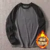 Camiseta de Veludo Dupla Face com Manga Raglan, Gola Redonda para Homens e Mulheres, Casal, Outono e Inverno, Confortável, Quente, Costura em Cor Contrastante, Camiseta Básica de Manga Longa