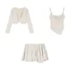 Outono e Inverno Coreano Novo Estilo Conjunto Feminino Cardigã com Proteção Solar com Top Camisole Saia Plissada Conjunto de Três Peças